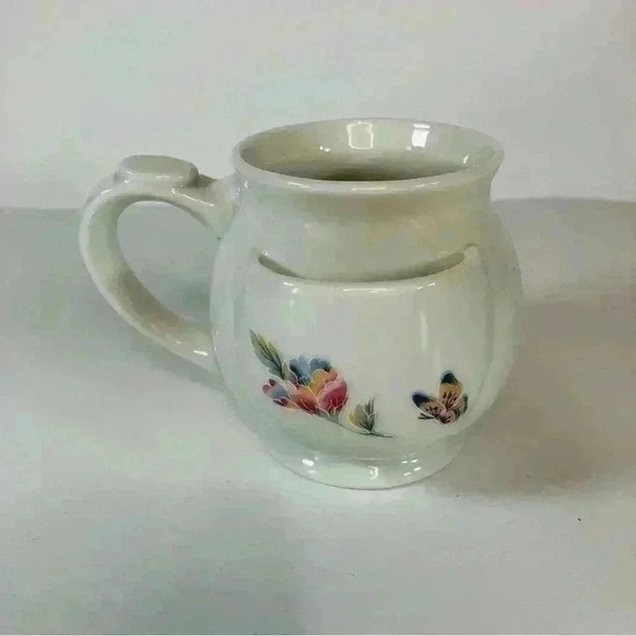 Blue Floral Butterfly Hot Tea Coffee on Ceramic White Cup Tea Leaf Bag Holder - Picture 3 of 10